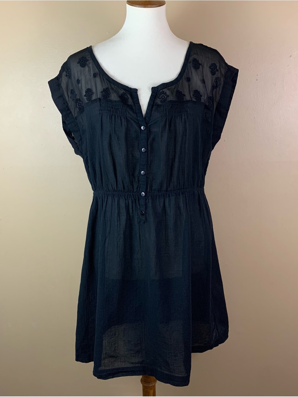 Y2K American Eagle Beach Cover Up Womens L Black Sheer Babydoll Unlined Dress